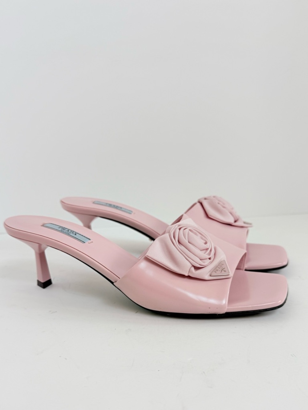 Prada Pink Rosette Triangle logo Square Toe slide Mule kitten Heels EU 39 US 9 - Picture 10 of 13